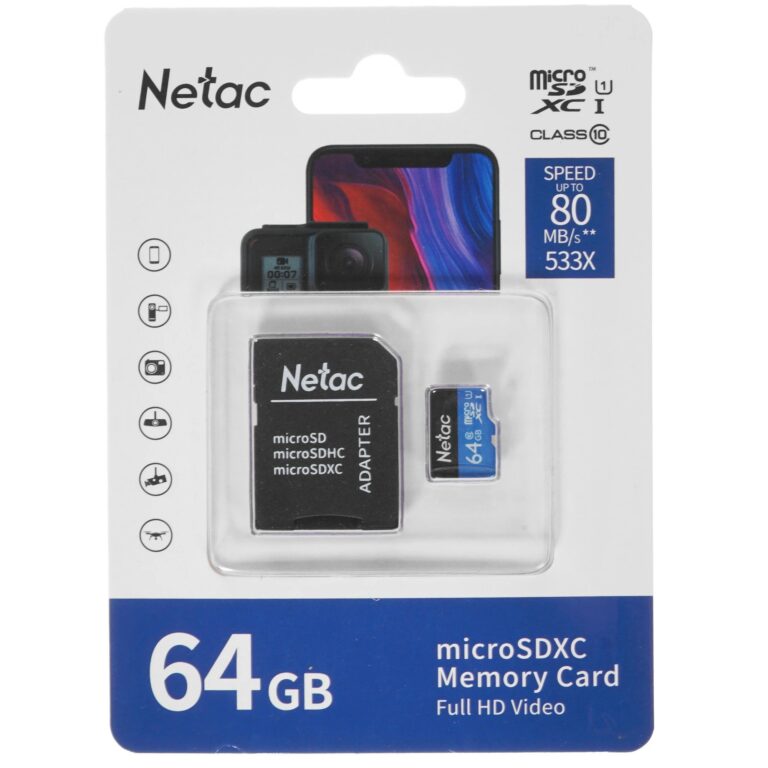 Флеш карта microSDHC 64Gb Netac P500  (с SD адаптером) 80Mb/s